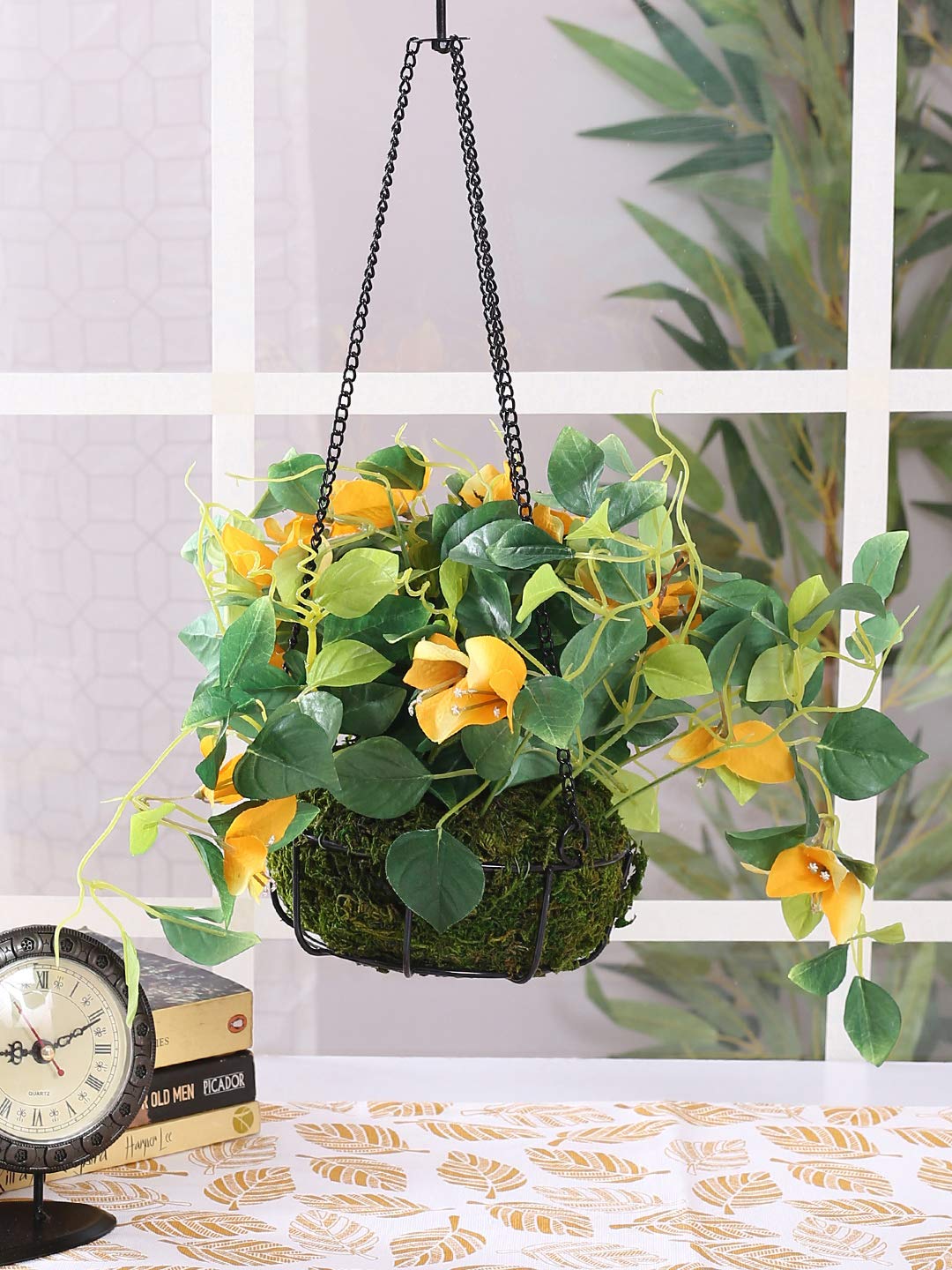 artificial hanging plant morning glory yellow with basket artificial hanging plant morning glory yellow with basket